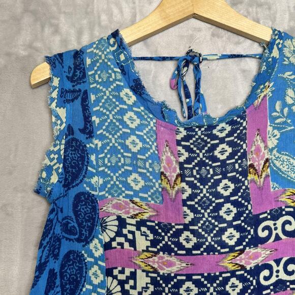 Holding Horses Shift Dress Womens XSP Blue Boho Patchwork Tie Back Anthropologie - Picture 3 of 10